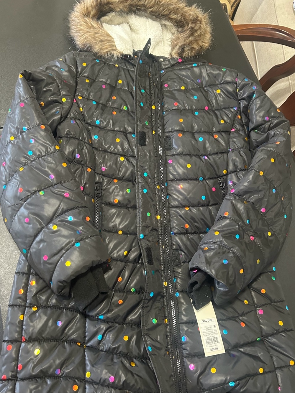 NWT Cat & Jack Girls XXL (18) Black Polka Dot Puffer Jacket Faux Fur Hood